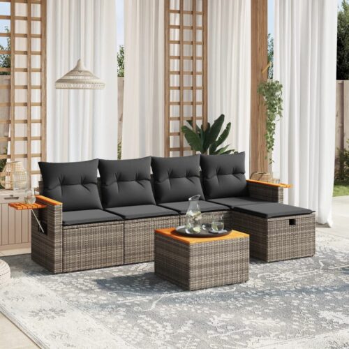 6-Piece Garden Sofa Set with Cushions Grey Poly Rattan Wicker Outdoor Patio Furniture - Image 2
