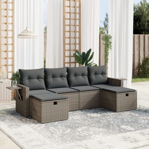 6-Piece Garden Sofa Set with Cushions Grey Poly Rattan Wicker Outdoor Patio Furniture - Image 2
