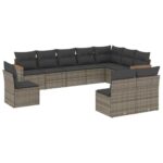 10-Piece Garden Sofa Set with Cushions Grey Poly Rattan Wicker Outdoor Patio Furniture