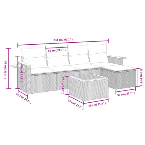 6-Piece Garden Sofa Set with Cushions Grey Poly Rattan Wicker Outdoor Patio Furniture - Image 4
