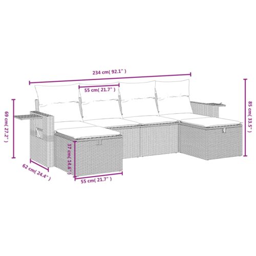 6-Piece Garden Sofa Set with Cushions Grey Poly Rattan Wicker Outdoor Patio Furniture - Image 4