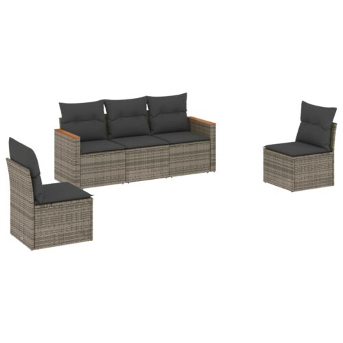 5-Piece Garden Sofa Set with Cushions Grey Poly Rattan Wicker Outdoor Patio Furniture