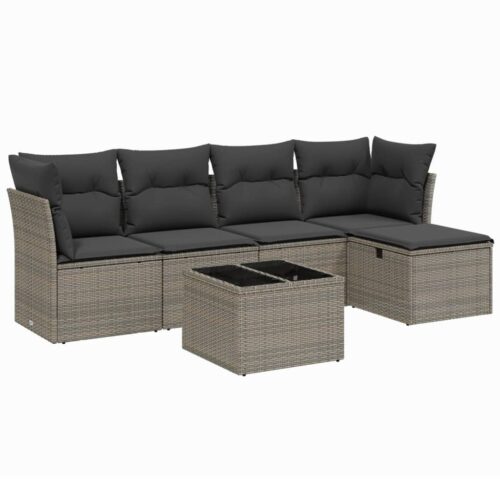 6-Piece Garden Sofa Set with Cushions Grey Poly Rattan Wicker Outdoor Patio Furniture