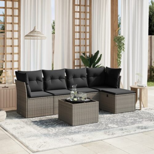 6-Piece Garden Sofa Set with Cushions Grey Poly Rattan Wicker Outdoor Patio Furniture - Image 2