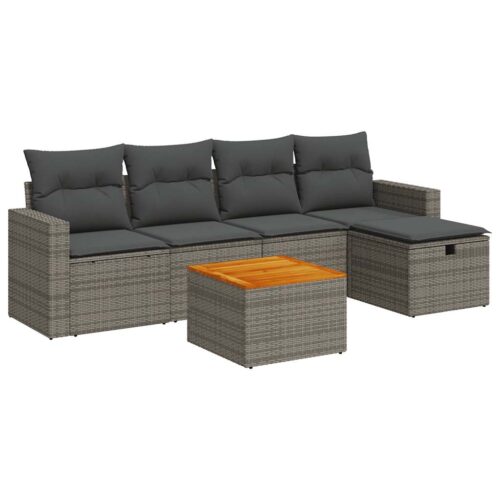 6-Piece Garden Sofa Set with Cushions Grey Poly Rattan Wicker Outdoor Patio Furniture