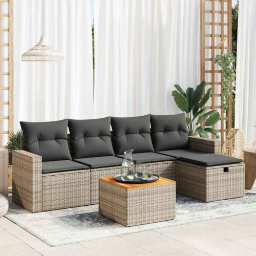 6-Piece Garden Sofa Set with Cushions Grey Poly Rattan Wicker Outdoor Patio Furniture - Image 2