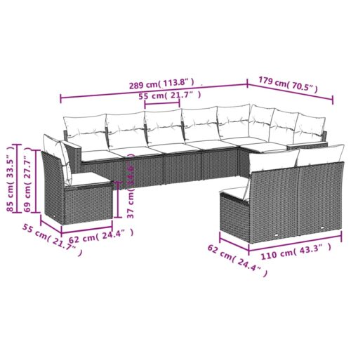 10-Piece Garden Sofa Set with Cushions Grey Poly Rattan Wicker Outdoor Patio Furniture - Image 7