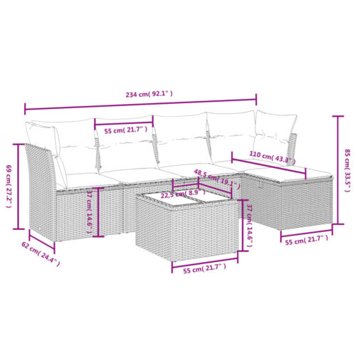 6-Piece Garden Sofa Set with Cushions Grey Poly Rattan Wicker Outdoor Patio Furniture - Image 4