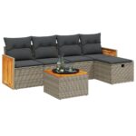 6-Piece Garden Sofa Set with Cushions Grey Poly Rattan Wicker Outdoor Patio Furniture
