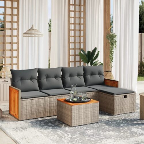 6-Piece Garden Sofa Set with Cushions Grey Poly Rattan Wicker Outdoor Patio Furniture - Image 2
