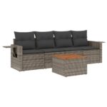 5-Piece Garden Sofa Set with Cushions Grey Poly Rattan Wicker Outdoor Patio Furniture