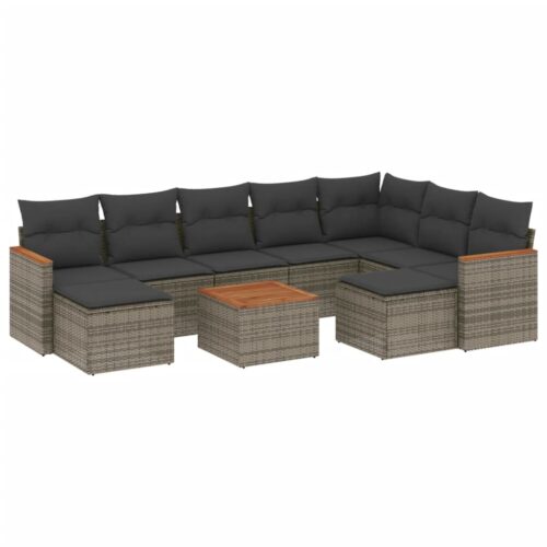 10-Piece Garden Sofa Set with Cushions Grey Poly Rattan Wicker Outdoor Patio Furniture