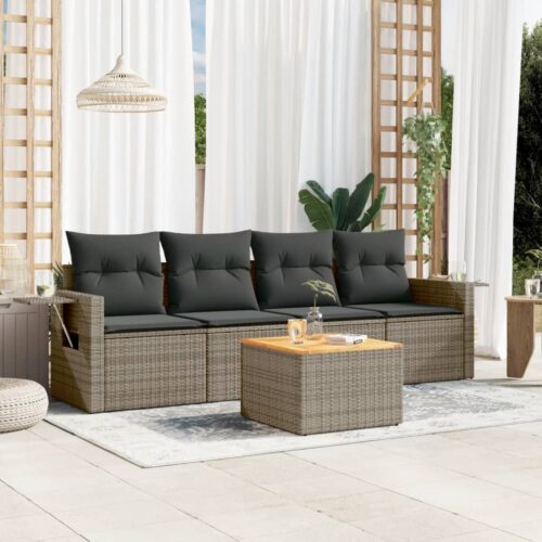 5-Piece Garden Sofa Set with Cushions Grey Poly Rattan Wicker Outdoor Patio Furniture - Image 2
