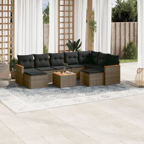 10-Piece Garden Sofa Set with Cushions Grey Poly Rattan Wicker Outdoor Patio Furniture - Image 2