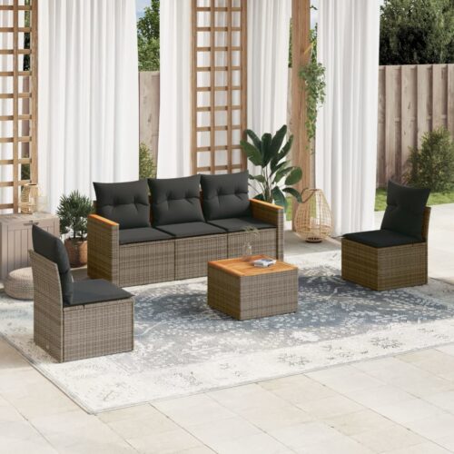 6-Piece Garden Sofa Set with Cushions Grey Poly Rattan Wicker Outdoor Patio Furniture - Image 2