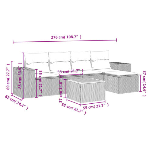 6-Piece Garden Sofa Set with Cushions Grey Poly Rattan Wicker Outdoor Patio Furniture - Image 3