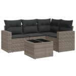5-Piece Garden Sofa Set with Cushions Grey Poly Rattan Wicker Outdoor Patio Furniture