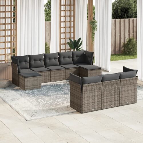 10-Piece Garden Sofa Set with Cushions Grey Poly Rattan Wicker Outdoor Patio Furniture - Image 2