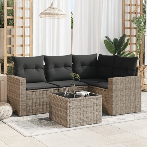 5-Piece Garden Sofa Set with Cushions Grey Poly Rattan Wicker Outdoor Patio Furniture - Image 2