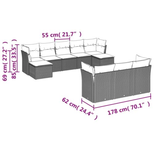 10-Piece Garden Sofa Set with Cushions Grey Poly Rattan Wicker Outdoor Patio Furniture - Image 3