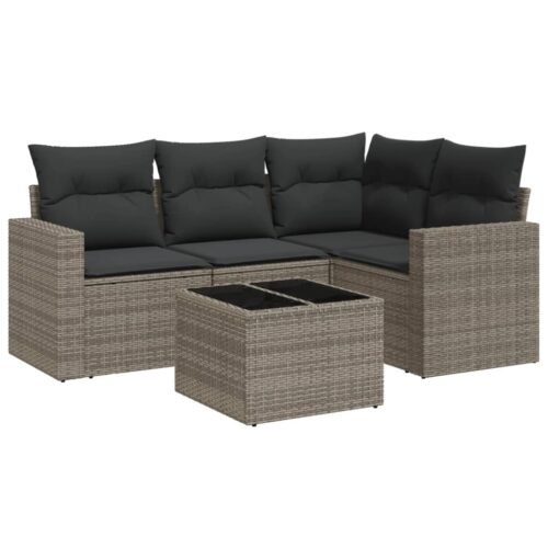 5-Piece Garden Sofa Set with Cushions Grey Poly Rattan Wicker Outdoor Patio Furniture - Image 5