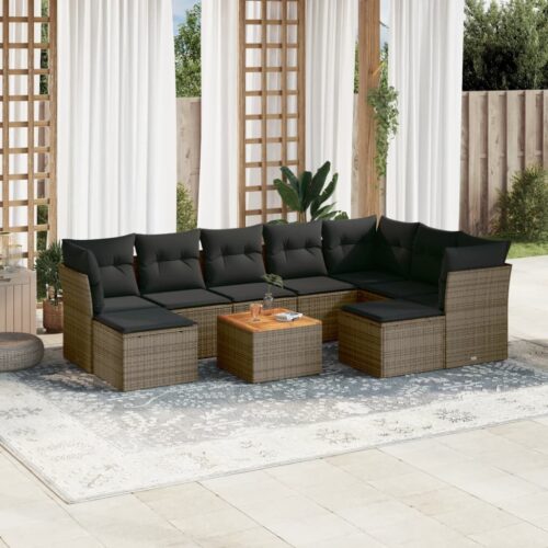 10-Piece Garden Sofa Set with Cushions Grey Poly Rattan Wicker Outdoor Patio Furniture - Image 2
