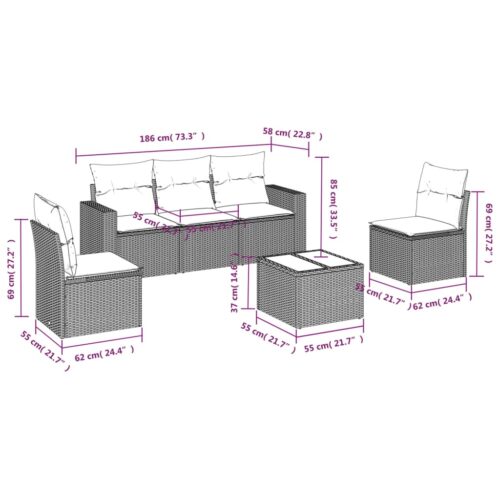 6-Piece Garden Sofa Set with Cushions Grey Poly Rattan Wicker Outdoor Patio Furniture - Image 3