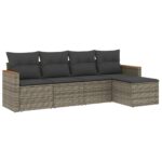 5-Piece Garden Sofa Set with Cushions Grey Poly Rattan Wicker Outdoor Patio Furniture