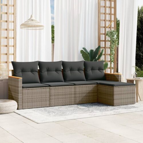 5-Piece Garden Sofa Set with Cushions Grey Poly Rattan Wicker Outdoor Patio Furniture - Image 2