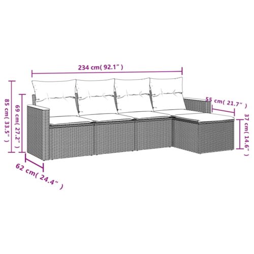 5-Piece Garden Sofa Set with Cushions Grey Poly Rattan Wicker Outdoor Patio Furniture - Image 3
