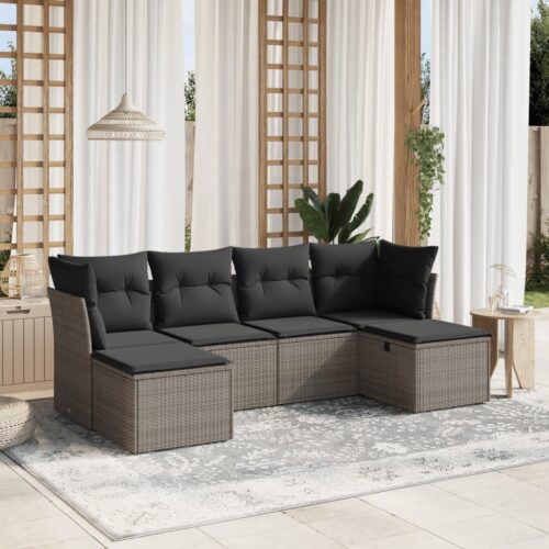 6-Piece Garden Sofa Set with Cushions Grey Poly Rattan Wicker Outdoor Patio Furniture - Image 2
