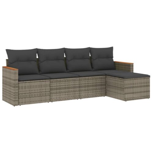 5-Piece Garden Sofa Set with Cushions Grey Poly Rattan Wicker Outdoor Patio Furniture - Image 5