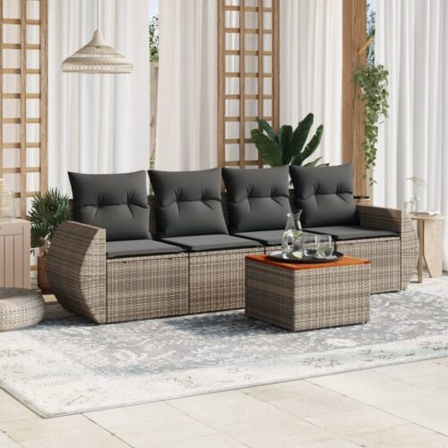 5-Piece Garden Sofa Set with Cushions Grey Poly Rattan Wicker Outdoor Patio Furniture - Image 2
