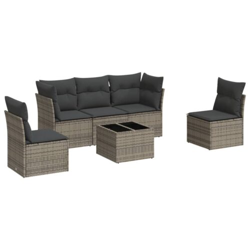6-Piece Garden Sofa Set with Cushions Grey Poly Rattan Wicker Outdoor Patio Furniture - Image 5