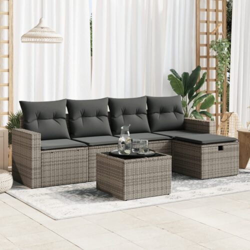 6-Piece Garden Sofa Set with Cushions Grey Poly Rattan Wicker Outdoor Patio Furniture - Image 2