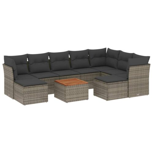 10-Piece Garden Sofa Set with Cushions Grey Poly Rattan Wicker Outdoor Patio Furniture - Image 14
