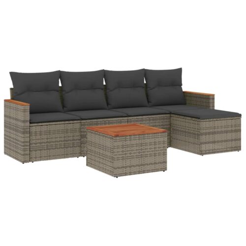 6-Piece Garden Sofa Set with Cushions Grey Poly Rattan Wicker Outdoor Patio Furniture