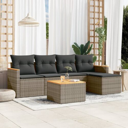6-Piece Garden Sofa Set with Cushions Grey Poly Rattan Wicker Outdoor Patio Furniture - Image 2