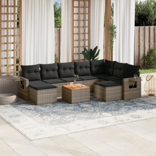 10-Piece Garden Sofa Set with Cushions Grey Poly Rattan Wicker Outdoor Patio Furniture - Image 2