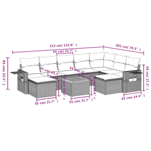 10-Piece Garden Sofa Set with Cushions Grey Poly Rattan Wicker Outdoor Patio Furniture - Image 3