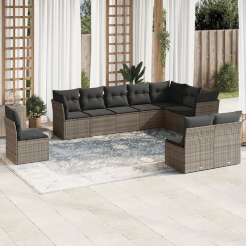 10-Piece Garden Sofa Set with Cushions Grey Poly Rattan Wicker Outdoor Patio Furniture - Image 2