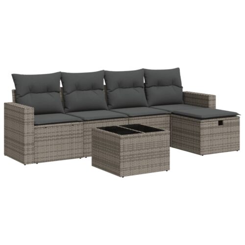 6-Piece Garden Sofa Set with Cushions Grey Poly Rattan Wicker Outdoor Patio Furniture - Image 13