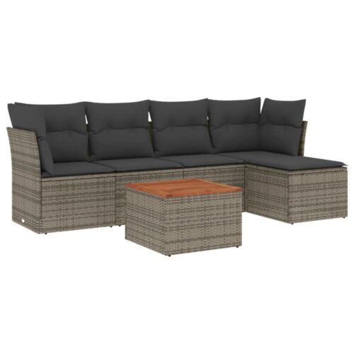 6-Piece Garden Sofa Set with Cushions Grey Poly Rattan Wicker Outdoor Patio Furniture