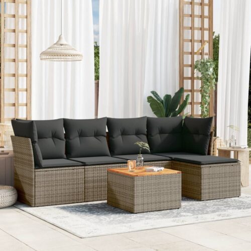 6-Piece Garden Sofa Set with Cushions Grey Poly Rattan Wicker Outdoor Patio Furniture - Image 2