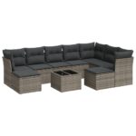 10-Piece Garden Sofa Set with Cushions Grey Poly Rattan Wicker Outdoor Patio Furniture
