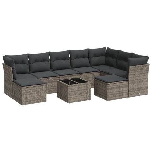 10-Piece Garden Sofa Set with Cushions Grey Poly Rattan Wicker Outdoor Patio Furniture
