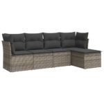 5-Piece Garden Sofa Set with Cushions Grey Poly Rattan Wicker Outdoor Patio Furniture
