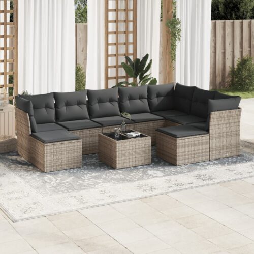 10-Piece Garden Sofa Set with Cushions Grey Poly Rattan Wicker Outdoor Patio Furniture - Image 2