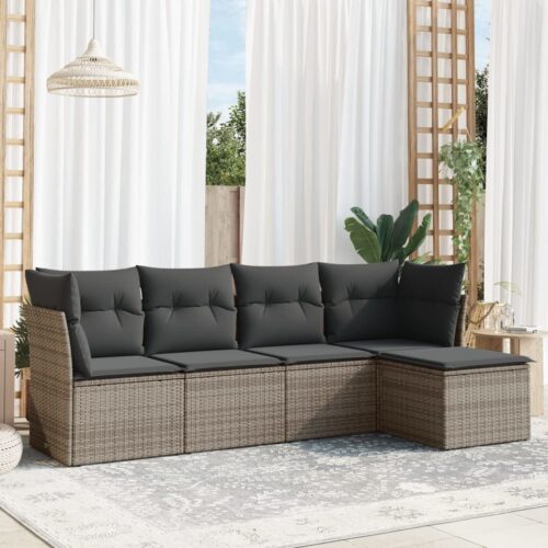 5-Piece Garden Sofa Set with Cushions Grey Poly Rattan Wicker Outdoor Patio Furniture - Image 2