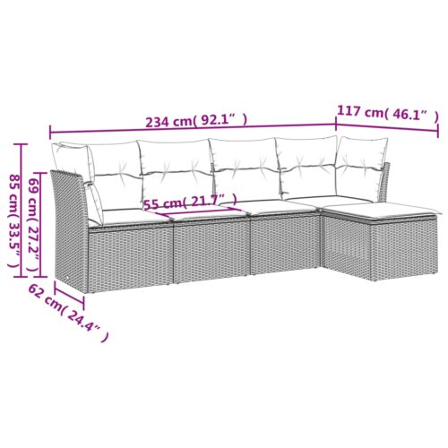 5-Piece Garden Sofa Set with Cushions Grey Poly Rattan Wicker Outdoor Patio Furniture - Image 3